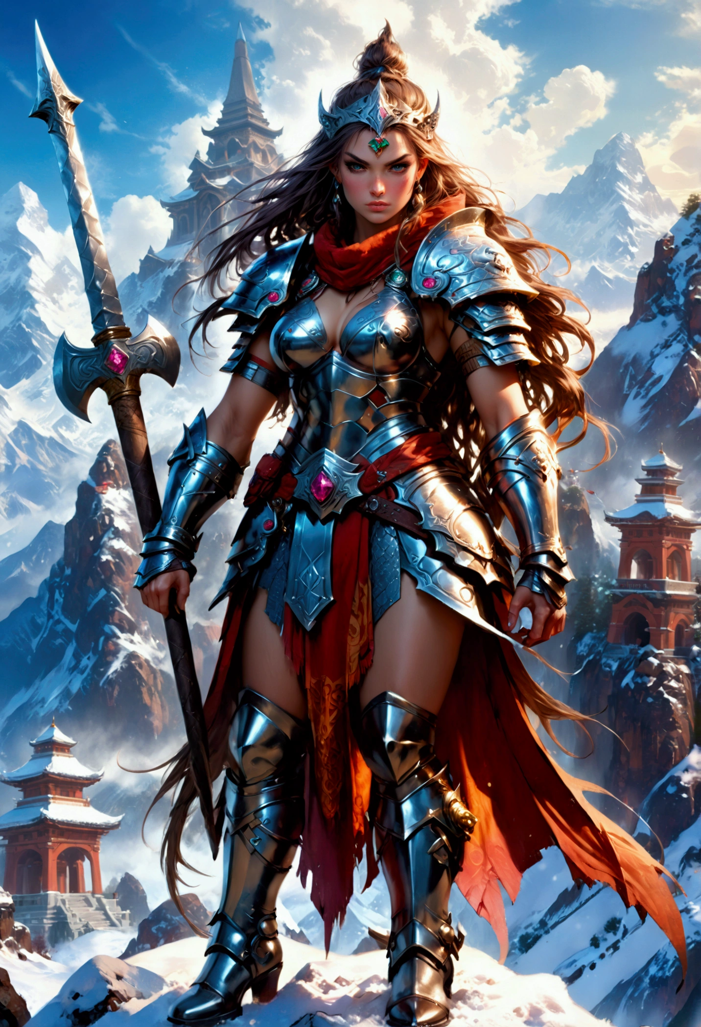 aa fantasy art illustration of a female giant knight armed with a ((mighty battleaxe: 1.5)) standing at the temple gates built on snowy mountain, (((she is as tall as the mountain: 1.3))) a wild beautiful, exotic beautiful giant knight, ((anatomically correct: 1.5), (ultra detailed face: 1.2), best detailed face, dynamic hair color, dynamic hair style, armed with a giant axe, shiny axe, its blade reflects the sunlight, studded with gems, wearing metal armor, dynamic armor color, wearing high heeled boots, standing near a fantasy temple, magnificent temple, with a tower, on snowy mountain (((she is as tall as the mountain:1.3))), vibrant, Hyperrealism style, vibrant, Ultra-high resolution, High Contrast, (masterpiece:1.5), highest quality, Best aesthetics), best details, best quality, highres, ultra wide angle, 16k, [ultra detailed], masterpiece, best quality, (extremely detailed) RAW, rpg portrait battleaxe Dark Art Painting Style