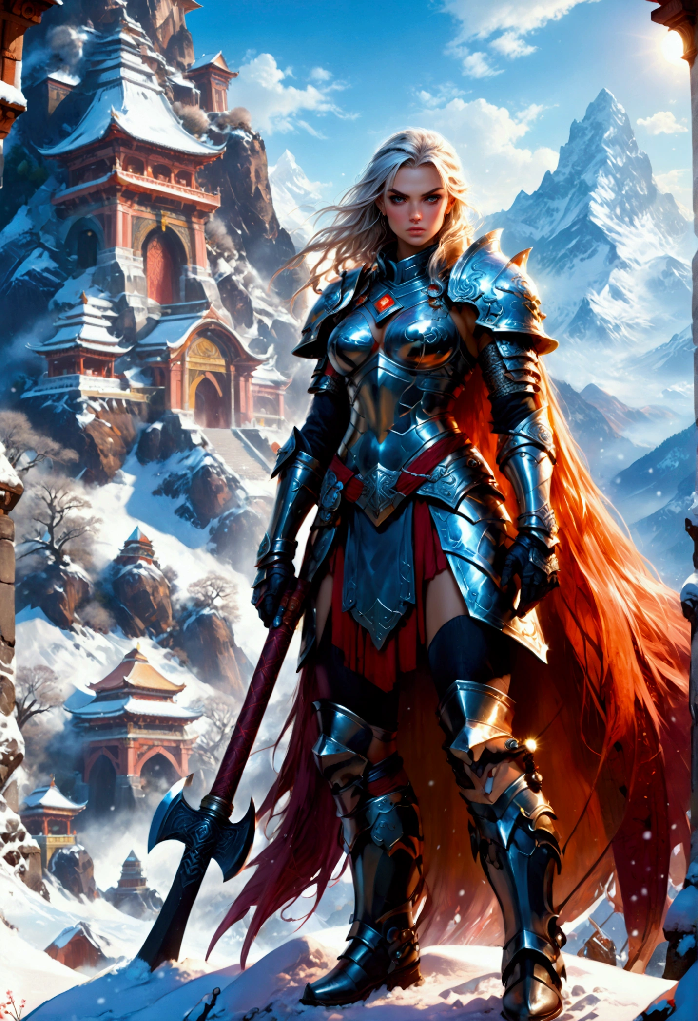 aa fantasy art illustration of a female giant knight armed with a ((mighty battleaxe: 1.5)) standing at the temple gates built on snowy mountain, (((she is as tall as the mountain: 1.3))) a wild beautiful, exotic beautiful giant knight, ((anatomically correct: 1.5), (ultra detailed face: 1.2), best detailed face, dynamic hair color, dynamic hair style, armed with a giant axe, shiny axe, its blade reflects the sunlight, studded with gems, wearing metal armor, dynamic armor color, wearing high heeled boots, standing near a fantasy temple, magnificent temple, with a tower, on snowy mountain (((she is as tall as the mountain:1.3))), vibrant, Hyperrealism style, vibrant, Ultra-high resolution, High Contrast, (masterpiece:1.5), highest quality, Best aesthetics), best details, best quality, highres, ultra wide angle, 16k, [ultra detailed], masterpiece, best quality, (extremely detailed) RAW, rpg portrait battleaxe Dark Art Painting Style