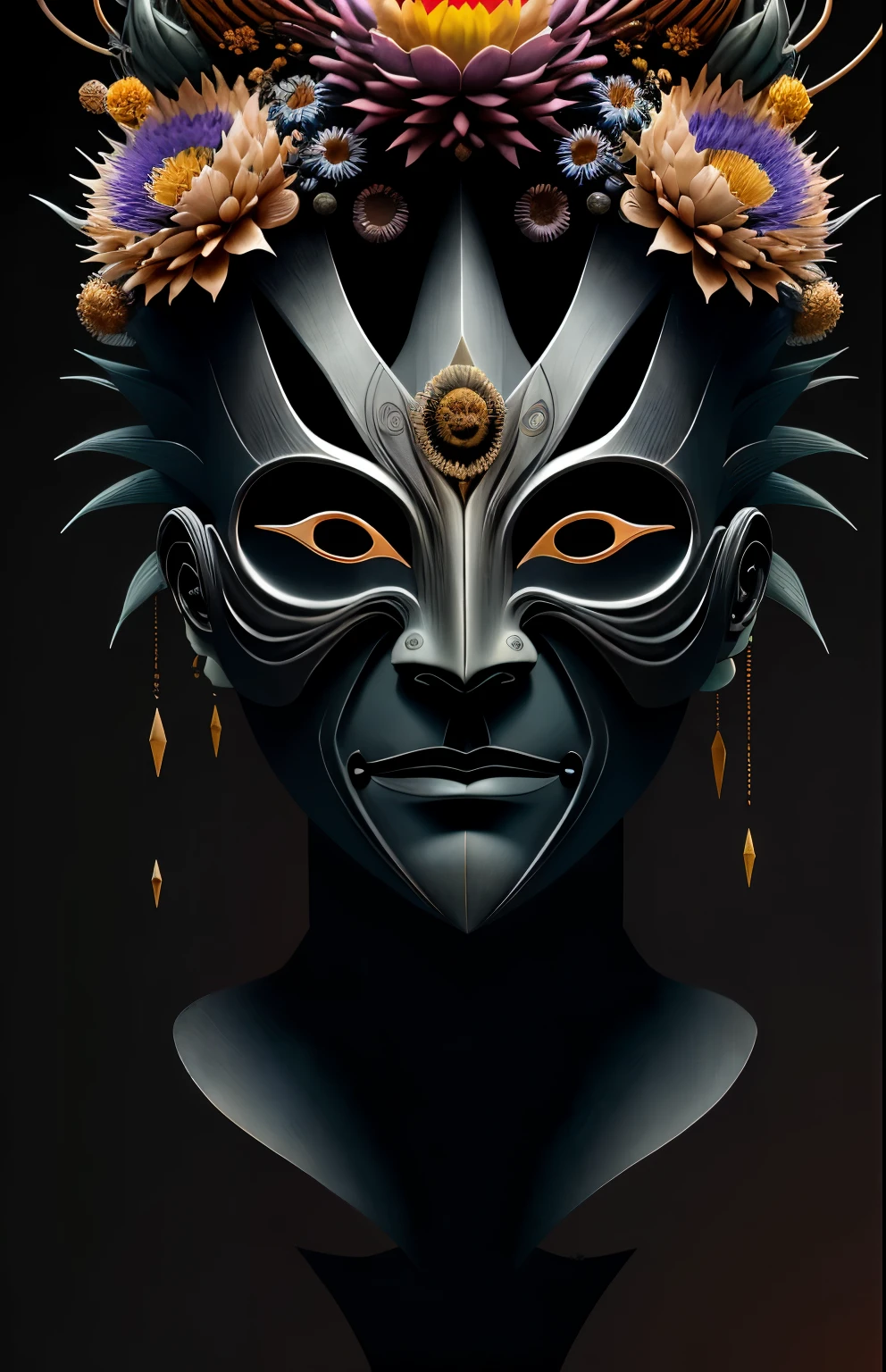 a surreal sculptural mask, hollow and empty, with sharp spiked hair reaching upwards, the head adorned with blooming flowers, 3D rendered, soft shadows, muted colors, extremely detailed, an art piece, deco, central, symmetrical