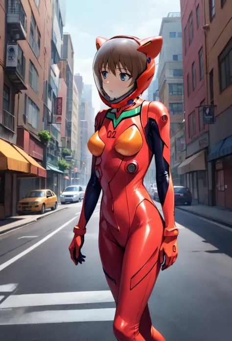 plugsuit, red bodysuit,evangelion,red helmet, space helme, short hair, walk,,asuka langley soryu,hort hair, bangs, blue eyes, br...