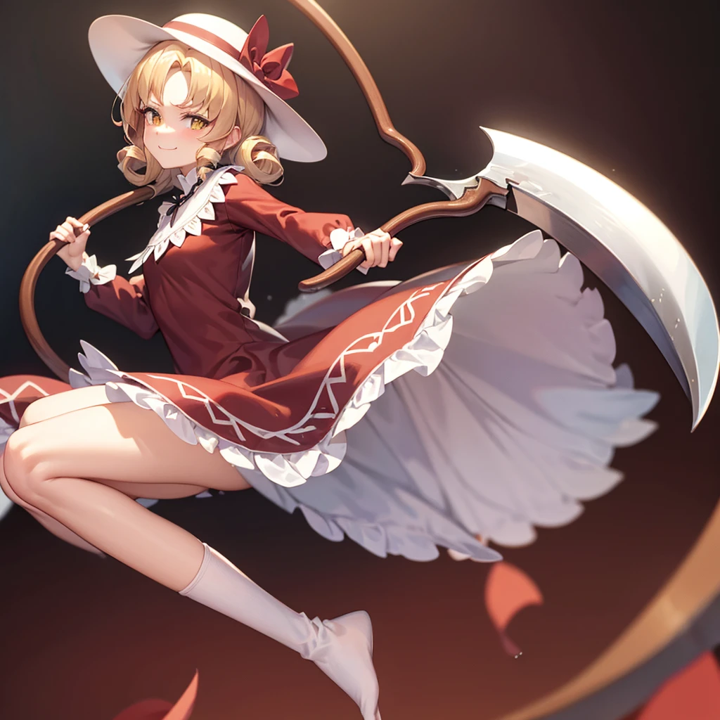 a drawing of an anime character in a red dress and boots with a large scythe, ((high end)), (UHD picture), (best quality,4k,8k,highres,masterpiece:1.2), top-quality(​masterpiece), top-quality, ultra-detailed, highly detailed texture, intricate details, high quality textures, masterpiece, best quality, perfect quality, perfect anatomy, perfect body, perfect symmetrical face, perfect hands, perfect feet, (two arms:1.2), (two legs:1.2), (five fingers each:1.2), (perfect joint:1.2), perfect joint movement, precise fingers and hands, 1 beautiful girl, 1 girl, alone, solo, , 10 years old, (((loli))), ((childish)), hat, white hat, blonde hair, long hair, parted bangs, drill hair, well-formed face, yellow eyes, maxi dress, red dress, dress, long sleeves, frills, long skirt, simple background, scythe, holding scythe, holding, white socks, smile, cute face, beautiful, holding scythe