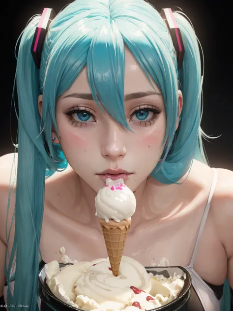 deepthroat, girl eating ice-cream,  face stained, hatsune miku, sucking ice-cream,  (8k, raw photo, best quality, ultra high res...