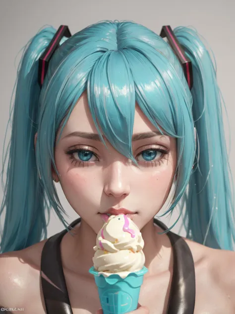 deepthroat, girl eating ice-cream,  face stained, hatsune miku, sucking ice-cream,  (8k, raw photo, best quality, ultra high res...