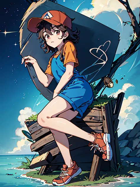 dipper pines from the gravity falls series on a hot day wearing his pine-emblazoned cap and his shorts