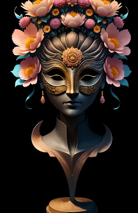 sculpture mask, hollow, sculpture, pointed hair spreading upwards, flowers blooming on the head, 3d rendering, shadows, soft col...