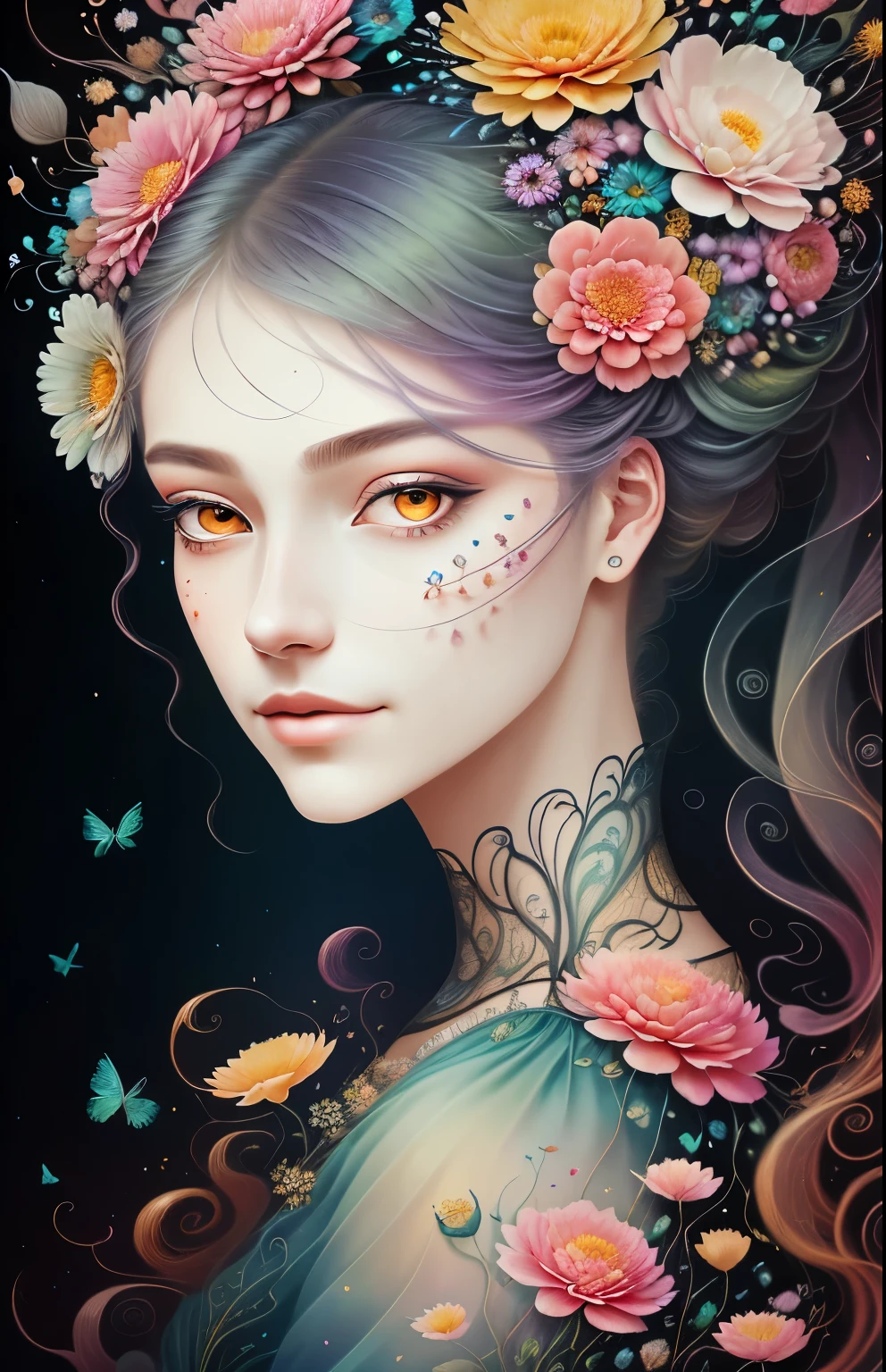 Close-up of woman with flowers in hair, Stunning digital illustrations, Detailed Matte Fantasy Portrait, Lori Early, Gorgeous digital art, Cute face. Dark Fantasy, Beautiful digital illustrations, Delicate female face, portrait of a Dark Fantasy nymph, Beautiful digital illustrations, A beautiful artistic illustration, beautiful Gorgeous digital art, Beautiful fantasy art portrait, digital fantasy portrait