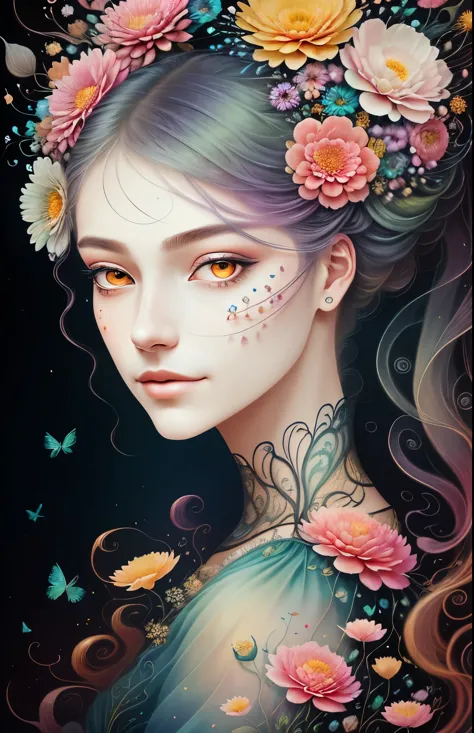 close-up of woman with flowers in hair, stunning digital illustrations, detailed matte fantasy portrait, lori early, gorgeous di...