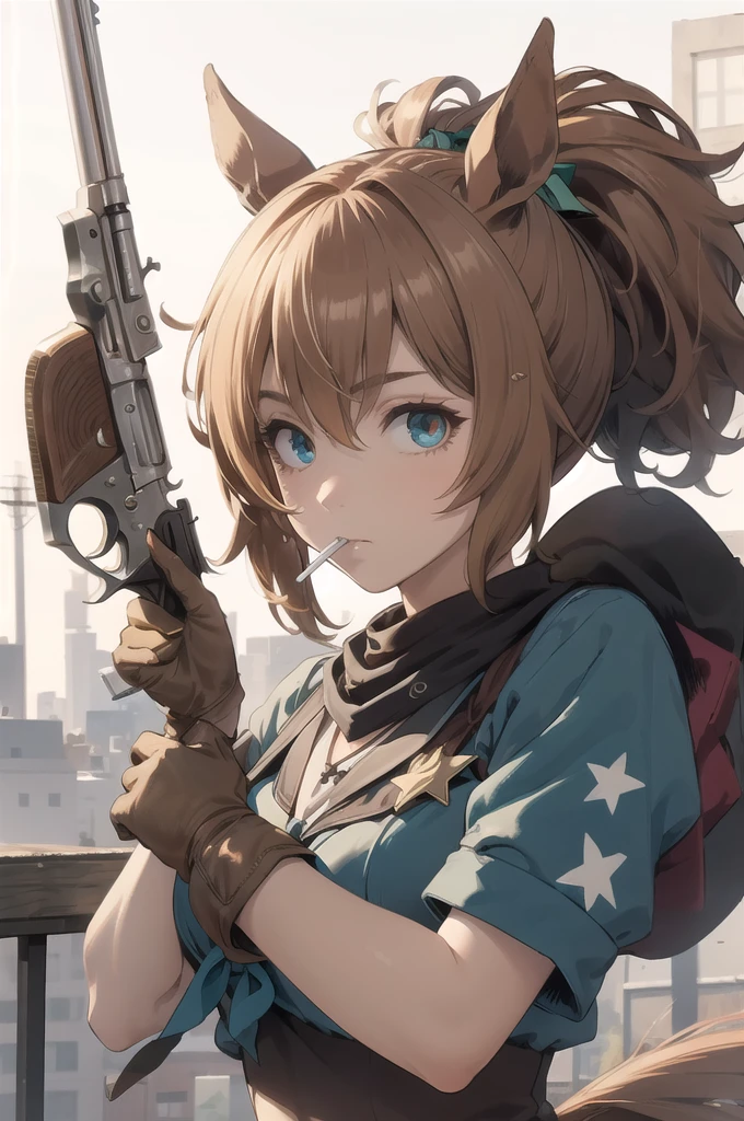 masterpiece, Highest quality, 
Taiki Shuttle \(umamusume\), 
Target your audience, Have a weapon, Scene Reference, Possession of a gun, Pistol, revolver, Smoking Gun Cosplay, Close one eye, Black tie, 
Brown gloves, cigarette, Armband, Upper Body, bandana 
