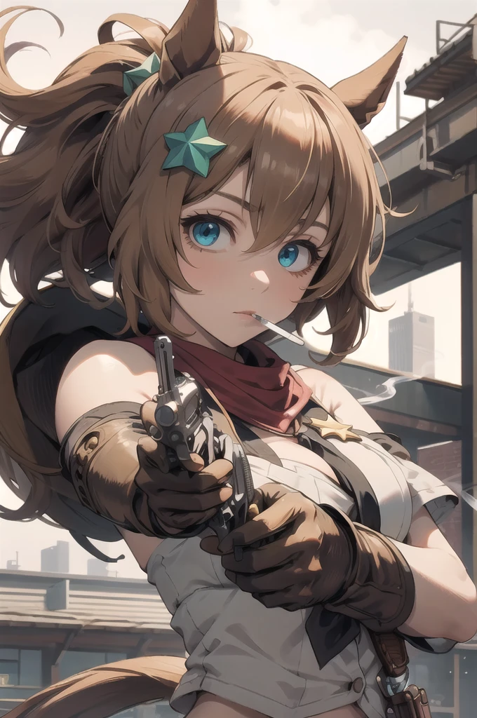 masterpiece, Highest quality, 
Taiki Shuttle \(umamusume\), 
Target your audience, Have a weapon, Scene Reference, Possession of a gun, Pistol, revolver, Smoking Gun Cosplay, Close one eye, Black tie, 
Brown gloves, cigarette, Armband, Upper Body, bandana 
