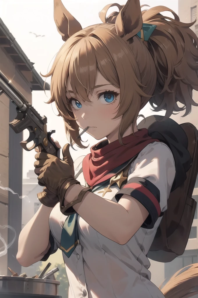 masterpiece, Highest quality, 
Taiki Shuttle \(umamusume\), 
Target your audience, Have a weapon, Scene Reference, Possession of a gun, Pistol, revolver, 
Cosplay, Close one eye, Black tie, 
Brown gloves, cigarette, Armband, Upper Body, bandana 
