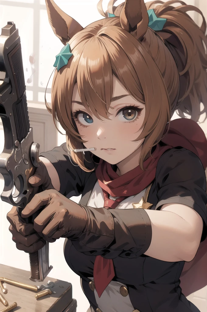 masterpiece, Highest quality, 
Taiki Shuttle \(umamusume\), 
Target your audience, Have a weapon, Scene Reference, Possession of a gun, Pistol, revolver, 
Cosplay, Close one eye, Black tie, 
Brown gloves, cigarette, Armband, Upper Body, bandana 
