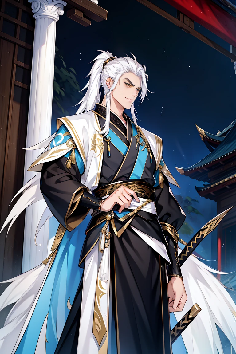 dragon man, Hanfu, long sword, cabelos preto e longos, golden eyes，white hair , the night，starrysky，rays of moonlight，Asian architecture，Best quality at best，16k,tmasterpiece，