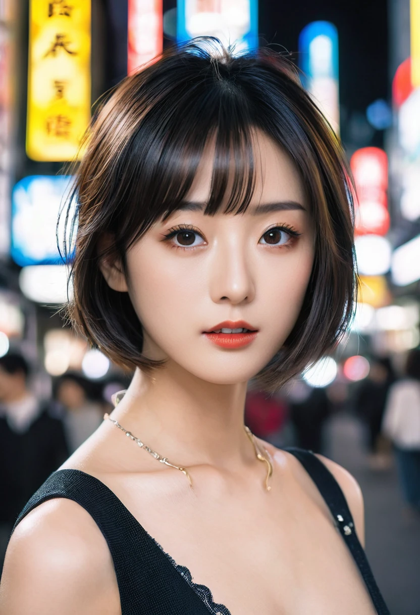 (8k resolution, RAW photo format, exceptional quality, masterpiece:1.2), professional lighting setup with a focus on cinematic ambiance, sharp and precise focus with a well-defined depth of field, featuring a Japanese actress in Shibuya, characterized by her double eyelids and a stylish bob hairstyle, captured from the upper body up, gazing directly at the viewer
