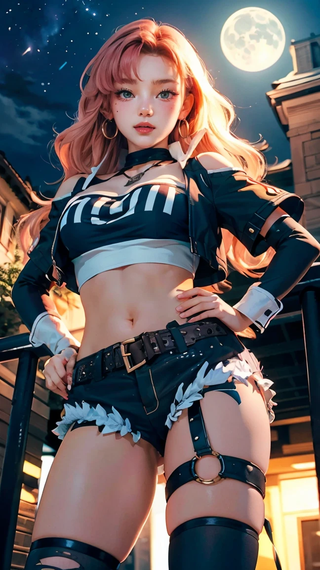 masterpiece, best quality, ultra-detailed, extremely detailed,illustration, 1girl, nicole demara, hair ribbon, hairclip, earrings, black collar, tube top, single thighhigh, short shorts, cropped jacket, belt, thigh strap, detached sleeves, doll, standing, hand on hip, cowboy shot, night street, moon 