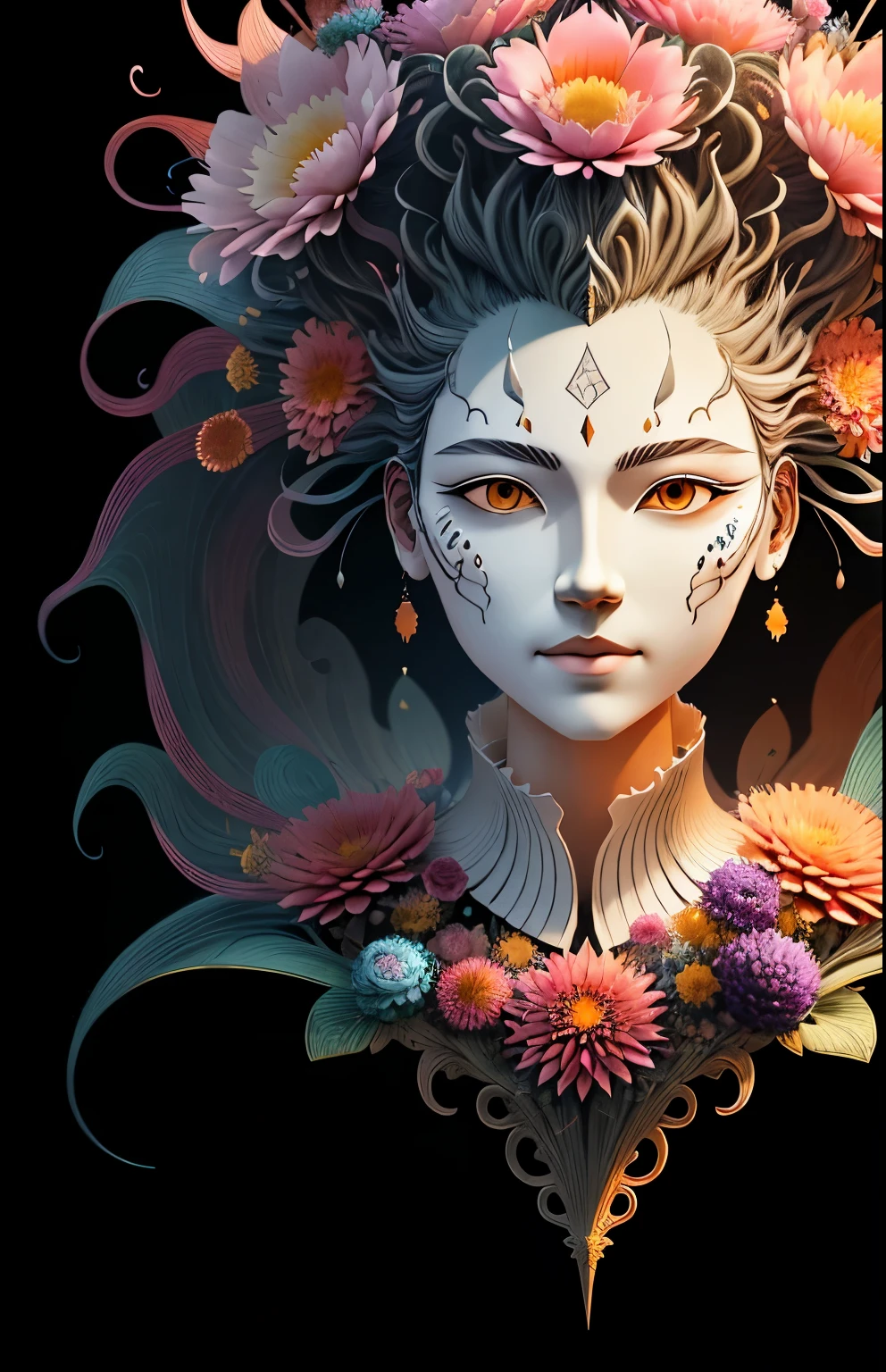 sculpture面具，Hollow，sculpture，Spiky hair spreading upwards，Flowers on the head，3D Rendering，shadow，Soft colors，Very detailed，artwork，Deco，central，symmetry