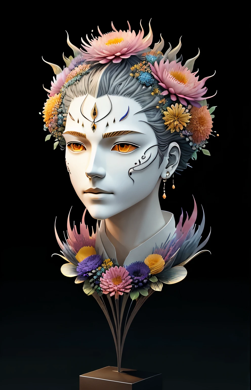 sculpture面具，Hollow，sculpture，Spiky hair spreading upwards，Flowers on the head，3D Rendering，shadow，Soft colors，Very detailed，artwork，Deco，central，symmetry