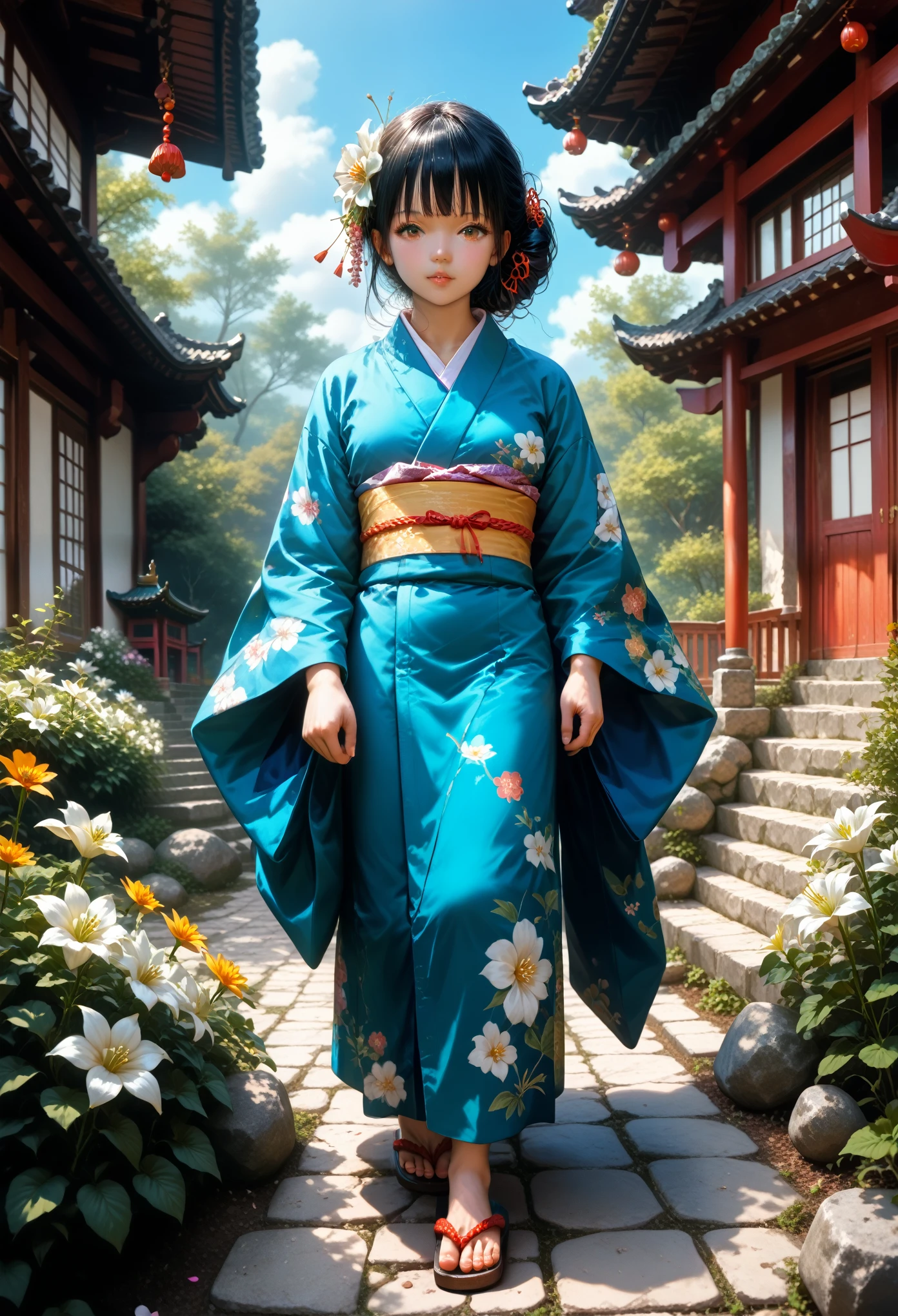 1 girl, One, above, (White lily flowers), aesthetic, difficult, Best quality, detailed background, Sayaka Myka, ((girl wearing a patterned teal kimono:1.2)), (Walking in a Zen Garden),  everyday pose, detailed textures, posing, fЛораl print, hair flower, hair ornament, japanese clothing, kimono, heart, on open air, pagoda, petals, (teal kimono), sash, shrine, sky, stone staircase, tory, wide sleeves, Yukata Masterpiece, Shine, score_9, score_8_up, score_7_up, best quapoty, highres, source_アニメ