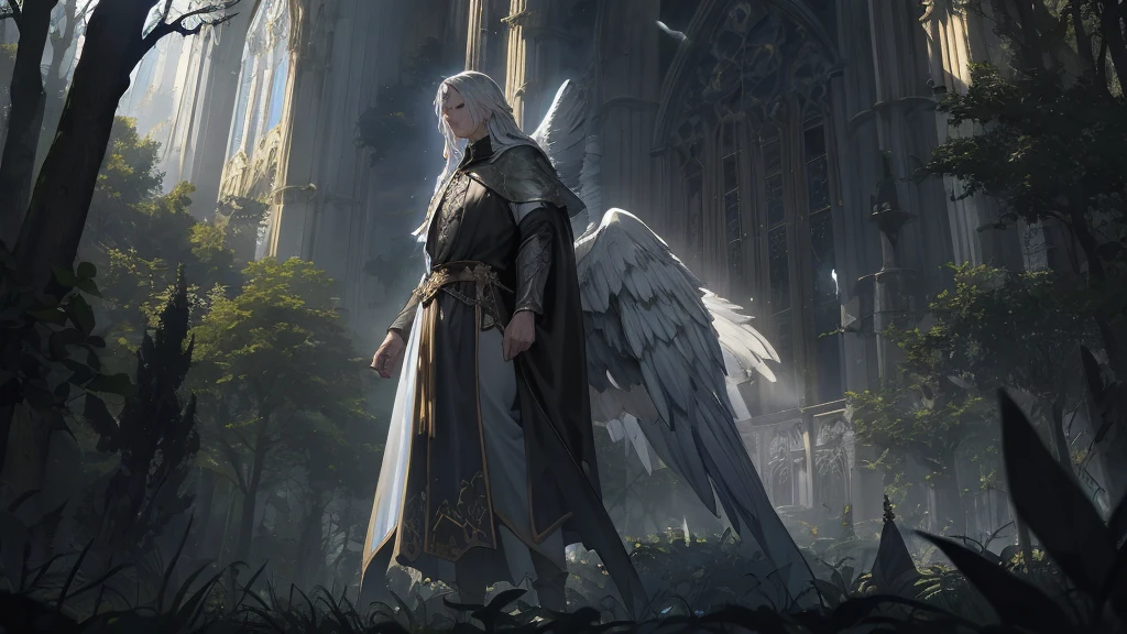 In a medieval dark fantasy scene, show Veridith, the grand Guardian of the skies, emerging from a grand cathedral situated in the heart of an ancient, dense forest. His body is bathed in golden light, and his massive silver wings spread wide, catching the light as he prepares to take flight. His pale blue eyes stand out against the dark, stormy sky. Surrounding him, towering trees and thick foliage create a mystical, shadowy atmosphere. The cathedral behind him is gothic and weathered, blending into the forest. The afternoon light filters through the trees, casting dramatic shadows and illuminating Veridith’s awe-inspiring presence as he ascends into the sky.