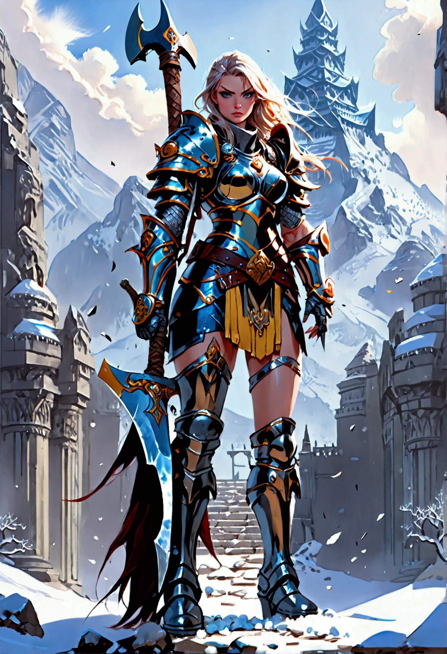 aa fantasy art illustration of a female giant knight armed with a ((mighty battleaxe: 1.5)) standing at the temple gates built on snowy mountain, (((she is as tall as the mountain: 1.3))) a wild beautiful, exotic beautiful giant knight, ((anatomically correct: 1.5), (ultra detailed face: 1.2), best detailed face, dynamic hair color, dynamic hair style, armed with a giant axe, shiny axe, its blade reflects the sunlight, studded with gems, wearing metal armor, dynamic armor color, wearing high heeled boots, standing near a fantasy temple, magnificent temple, with a tower, on snowy mountain (((she is as tall as the mountain:1.3))), vibrant, Hyperrealism style, vibrant, Ultra-high resolution, High Contrast, (masterpiece:1.5), highest quality, Best aesthetics), best details, best quality, highres, ultra wide angle, 16k, [ultra detailed], masterpiece, best quality, (extremely detailed) RAW, rpg portrait battleaxe Dark Art Painting Style