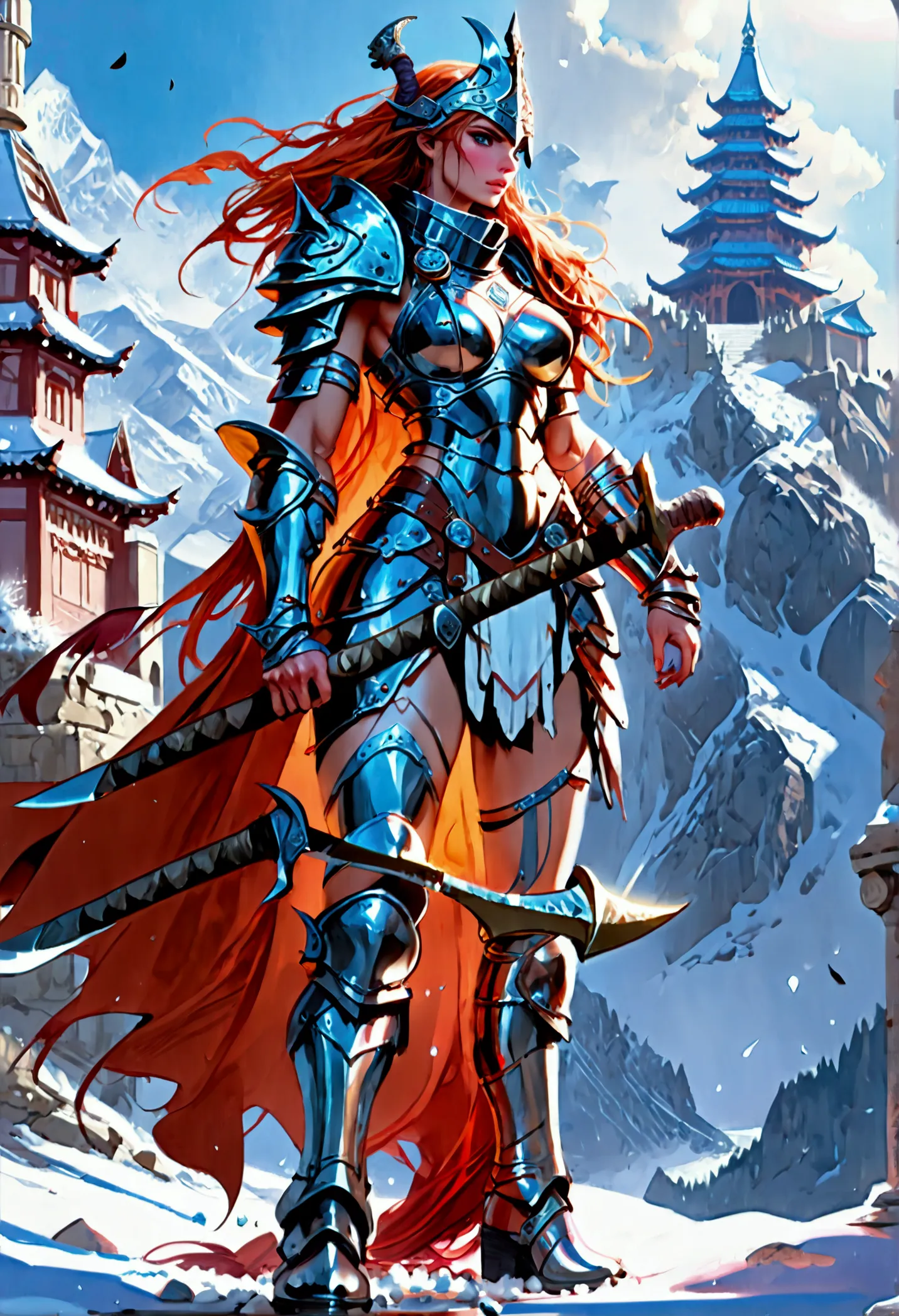 aa fantasy art illustration of a female giant knight armed with a ((mighty battleaxe: 1.5)) standing at the temple gates built o...