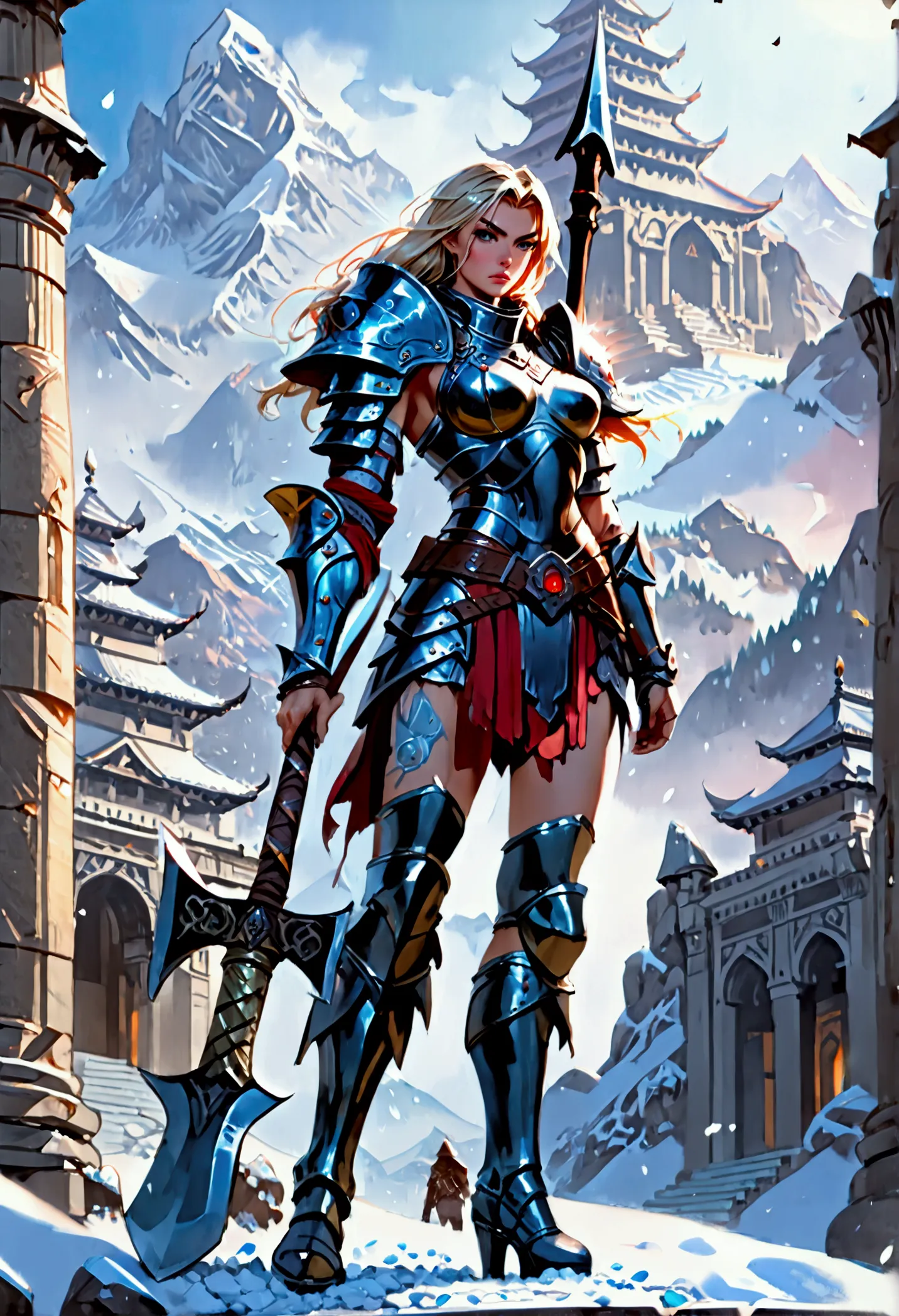 aa fantasy art illustration of a female giant knight armed with a ((mighty battleaxe: 1.5)) standing at the temple gates built o...