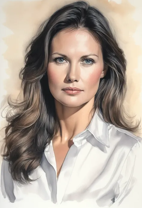 drawing of the face of a 35 year old woman,long hair,dark haired,white satin shirt