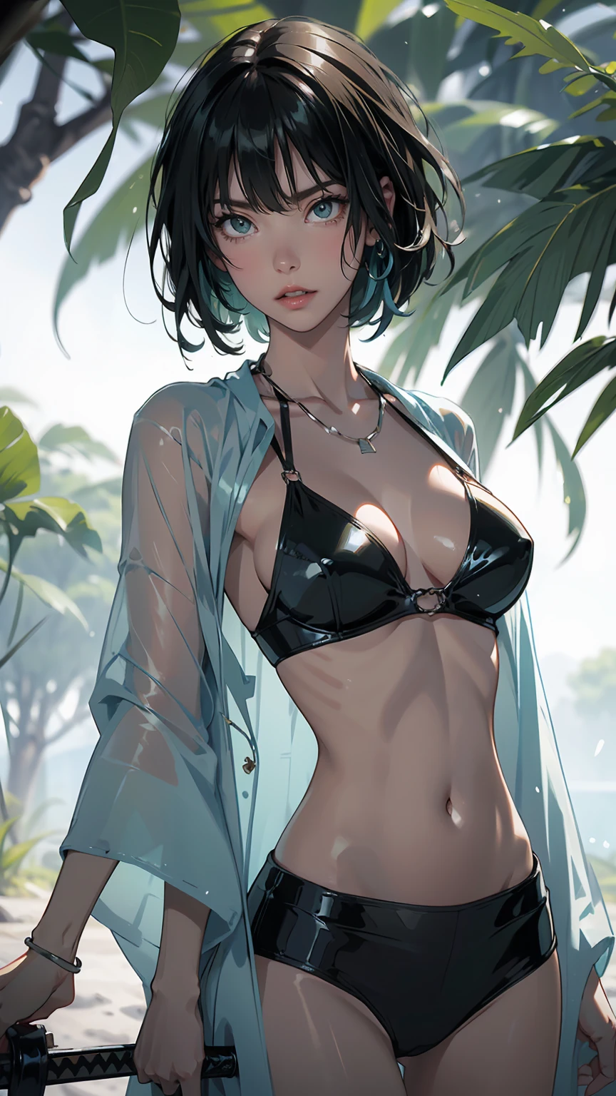 （lifelike， high - resolution：1.3）， 1 girl with a perfect body，slender body, Super fine face and eyes，assasin, dark makeup, shiny skin， blue green hair, blue highlights, blunt bangs, (toned stomach)，Expose cleavage, (bracelets, tooth jewelry, a lot of necklaces, very long necklaces, necklaces down to stomach, body chains, waist chains, slender body, skinny), (post apocalyptic future, jungle wasteland. torn clothes, torn to shreds kimono, katana), (wet skin, shiny skin), small breasts, (((savagelands, katana)))