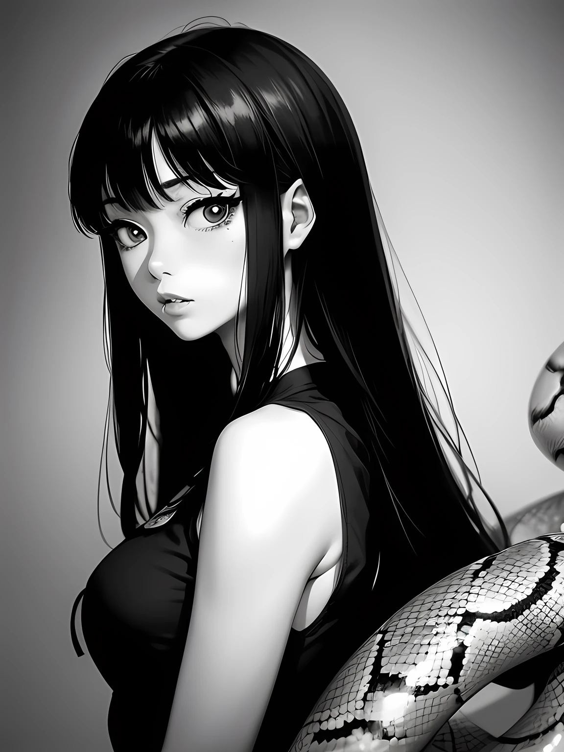 ((Junji Ito art)), Tomie, Tomie Kawakami is unparalleled beauty girl, ((Beautiful gir:1.3)), Sheer dress, Mole on left eye, (Small pupils:1.5, Big and Snake-like eyes:1.3), (Mouth with upturned corners1.4, Closed Mouth:1.3), Slightly gloomy face, (monochrome), (screentones:1.3), ((Horror Manga)), From the classroom, (((darkness)))