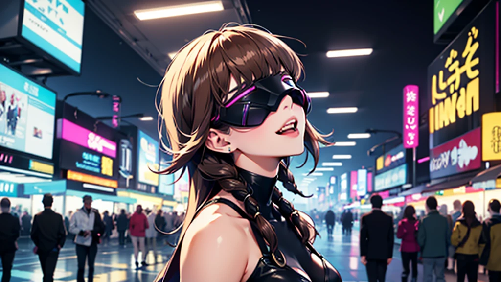 1girl, FELute, eyes covered, brainWM, profile shot, ((tilting head backwards)), facing viewer, shaft head tilt, from side, masterpiece, highest quality, (solo focus), (perfect face:1.1), (high detail:1.1), 1girl, ((brown hair)), golden hair rings, neon halo, open mouth, grin, ((futuristic clothes)), black catsuit, (long beige coat), coat off shoulders, detailed background, neon cityscape, cyberpunk, cinematic lighting