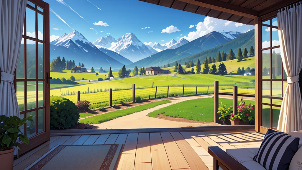 Create a central perspective landscape of a vineyard where you can see the trees and mountains