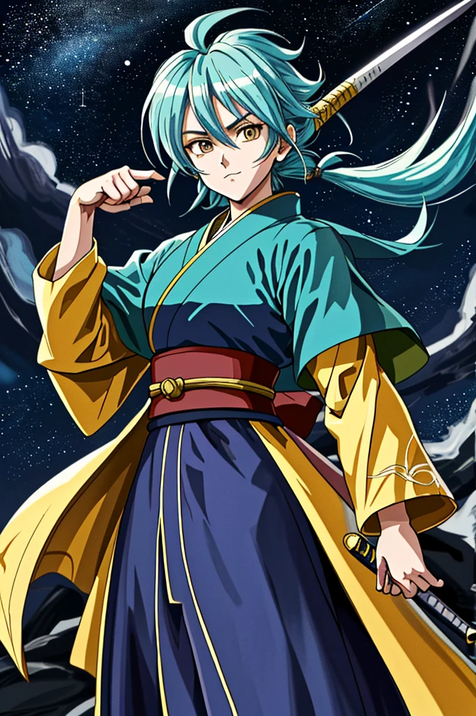 Highest quality, masterpiece, High resolution,，（Dragon Ball），Shinsengumi，（smug face），Holding a Japanese sword in his right hand，Ninja，（Starry Sky_background），Young Girl，Anime Style, 4K, alone，whole body， looking at the camera, （yellow_coat）Dark Eyes，Aqua blue_hair，Shortcuts，（Full Finger）, Hyper Detail, (Intricate details),