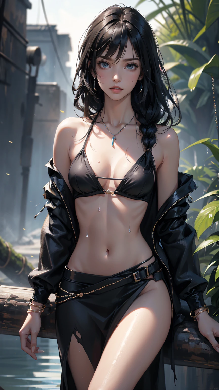 （lifelike， high - resolution：1.3）， 1 girl with a perfect body，slender body, Super fine face and eyes，assasin, dark makeup, shiny skin， black hair, blue highlights, blunt bangs, (toned stomach)，Expose cleavage, (bracelets, tooth jewelry, a lot of necklaces, very long necklaces, necklaces down to stomach, body chains, waist chains, slender body, skinny), (post apocalyptic future, jungle wasteland. torn clothes, torn to shreds kimono, katana), (wet skin, shiny skin), small breasts, (savagelands)