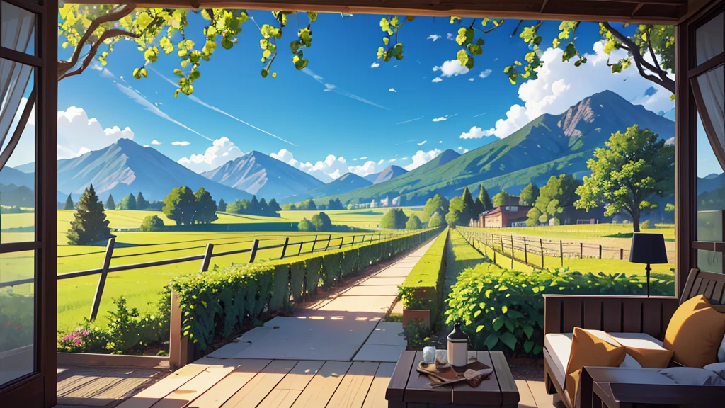 Create a central perspective landscape of a vineyard where the trees can be seen, bushes and mountains