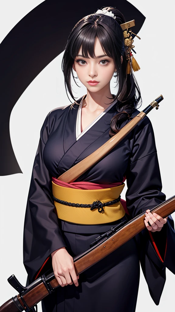 masterpiece,Highest quality,One beautiful woman, alone, A single matchlock gun:1.2, (((matchlock))),arquebus,Have, Long Hair, Black Hair, Holding Gun, Virtual YouTuber, View your viewers, aim, Aim,Cowboy Shot,((Black kimono)),samurai:1.2,((Pure white background)),dynamic