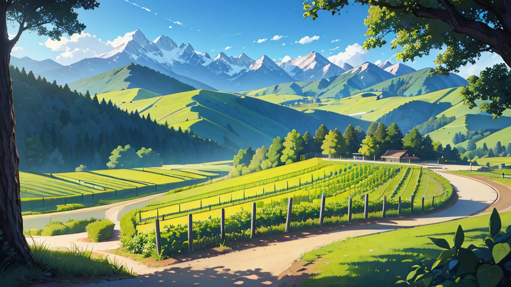 Create a central perspective landscape of a vineyard where the trees can be seen, bushes and mountains