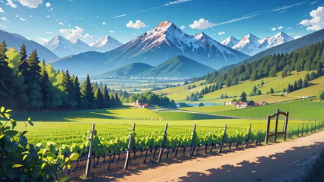 create a central perspective landscape of a vineyard where the trees can be seen, bushes and mountains