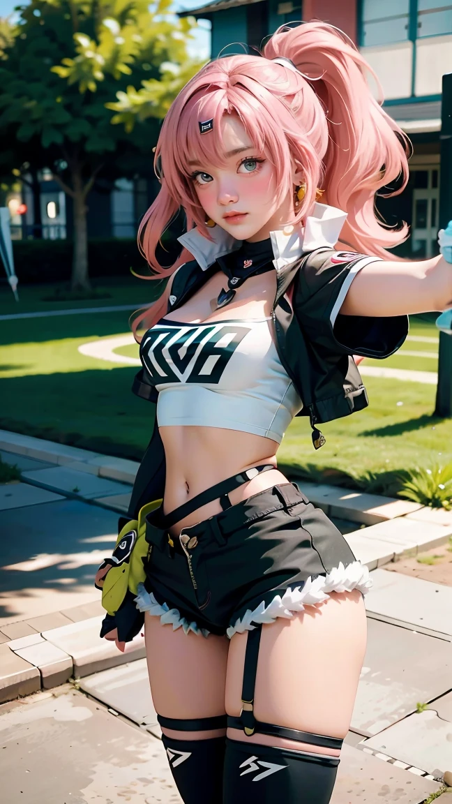 A girl cosplaying as the character sakura from the anime naruto shimpudder. She has long pink hair, a bandana tied in white, a green ninja vest, naruto shimpudder-like costume, Slightly open neckline, red color outfit with black, bright green eyes, tight black shorts, thick legs, slim waist, fighting stance, wears black gloves, black boots,  ultra realistic and detailed cosplay of the character sakura. Masterpiece, Ultra HD, 8k, photography, real skin, real hair, blurred background f1.2. Masterpiece, professional realistic photography style. 