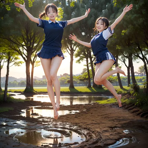 (((barefoot slender japanese girl on mud pond))), natural front lighting, ultra sharp focus,bright brown hair, large eyes with l...