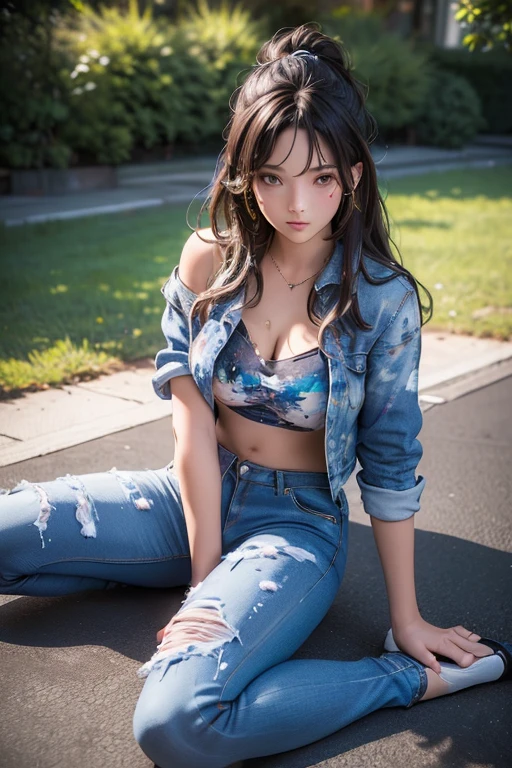 1 (wearing jeans комбинезон:1.3), Lie down on the grass, Upper Chamber, Sharp Focus, Beautiful, skinny,professional lighting,city,Visualized eyes,tall body,adult woman,hair ornament,most viewed instagram,official wallpaper, official art,(k-pop idol), half-closed eyes,Building,((Photorealistic painting by Midjorney and Greg Rutkowski)),((Supermodel)), 