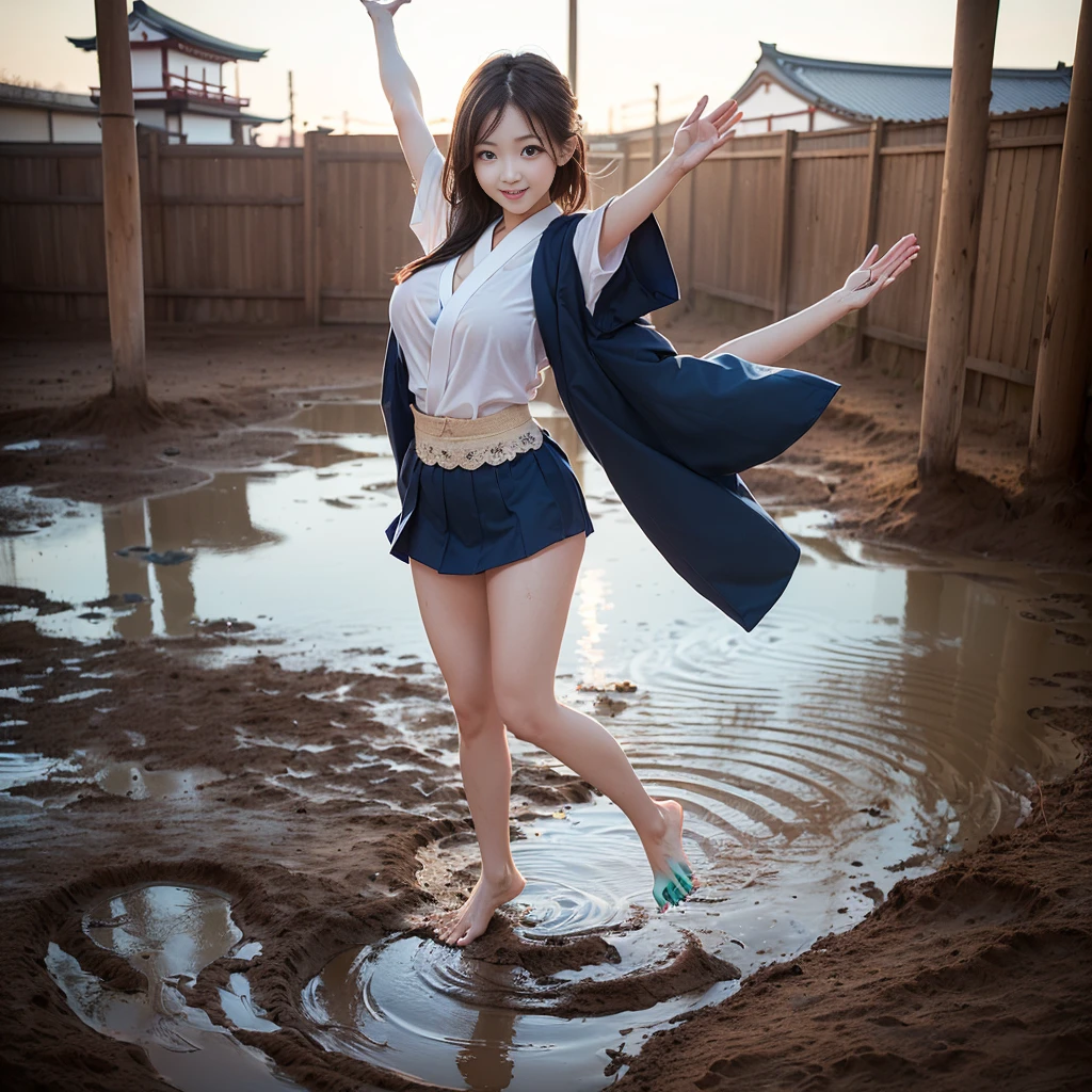 (((barefoot slender Japanese girl on mud pond))), natural front lighting, ultra sharp focus,bright brown hair, large eyes with long eyelashes and double eyelids, smile, (((jumping and waving arms))), ((huge breasts)), (full body shot:2), (beautiful face:2),(((wearing dark blue Japanese school bloomer)))