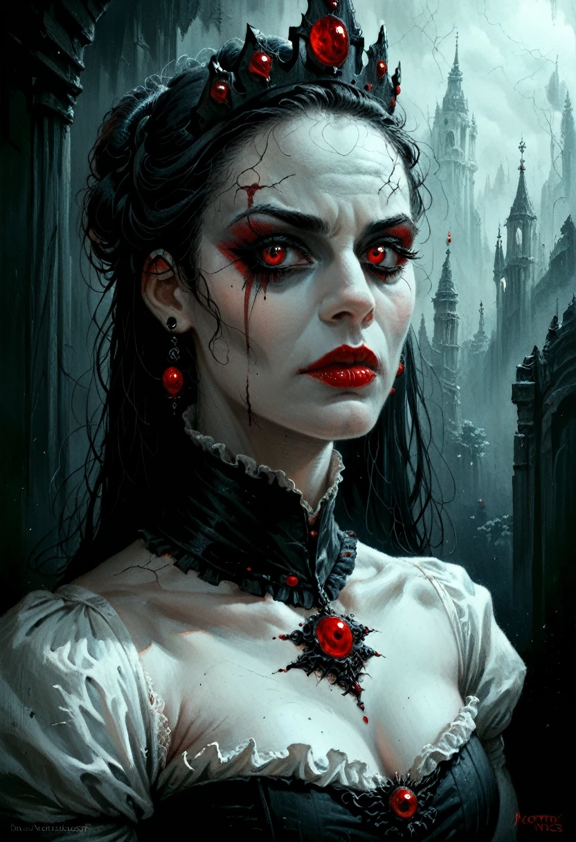 a medium quality image of "The White Queen, Daughter of light, Dark Eyes" in a Grimdark style, fantasy artwork, dark and mysterious, gothic vibes, moody lighting, detailed character design, digital painting, dramatic atmosphere, sinister fantasy queen, fantasy portrait, haunting beauty.