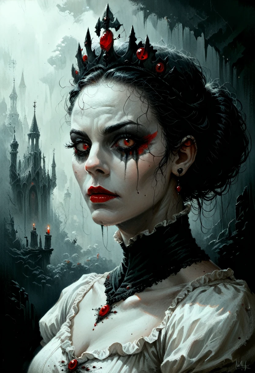 a medium quality image of "The White Queen, Daughter of light, Dark Eyes" in a Grimdark style, fantasy artwork, dark and mysterious, gothic vibes, moody lighting, detailed character design, digital painting, dramatic atmosphere, sinister fantasy queen, fantasy portrait, haunting beauty.