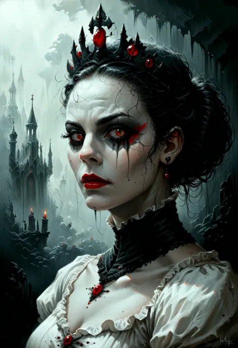 a medium quality image of "the white queen, daughter of light, dark eyes" in a grimdark style, fantasy artwork, dark and mysteri...