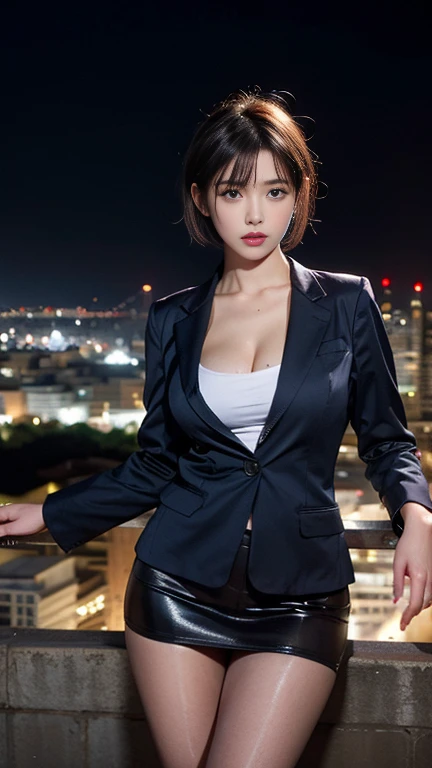 (masterpiece:1.2, Highest quality), Beautiful mature woman with a beautiful face，((45-year-old woman，ベテランflight attendant)), ((White blazer 1.4)), ((Red tight mini skirt 1.4)，((Sweaty 1.5))，((Glowing Skin 1.3))，((Purple short hair 1.8))，((Accentuate the cleavage))，flight attendant, (Thighs), Perfect hands, (((Night downtown background))), , Providing safety instructions, Responding to emergencies, bangs,