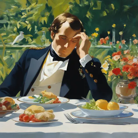 painting of a man in a suit sitting at a table with food, otto schmidt, by bernard van orley, j c leyendecker 8 k, by richard se...