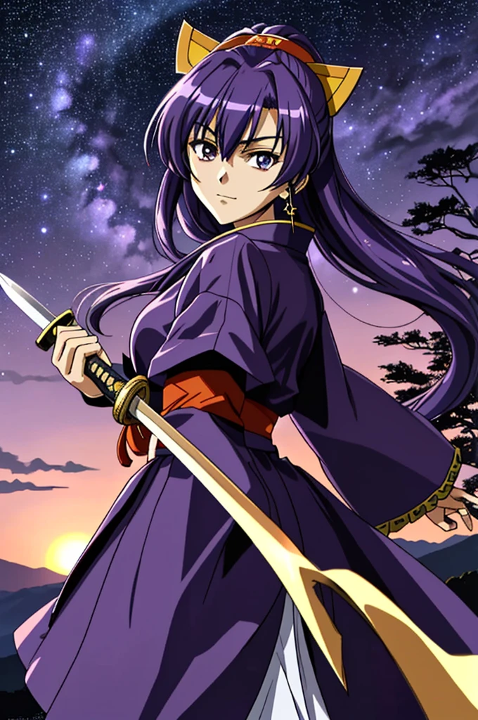 Highest quality, masterpiece, High resolution,，（Miken Nights_Muv-Luv），（smug face），Holding a Japanese sword in his right hand，Shrine maiden，（Starry Sky_background），Middle-aged woman，Anime Style, 4K, alone，whole body， looking at the camera, （purple_coat）Dark Eyes，dark blue_hair，（Full Finger）, Hyper Detail, (Intricate details),