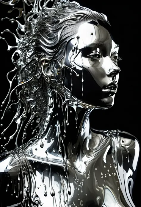 魅惑的なwomanの顔のクローズアップポートレート, a unique dichotomy. the left side is smooth, liquid metal machinery, it drips and flows dynamically l...