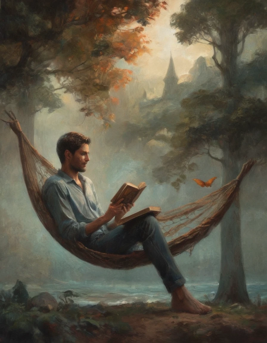 Hyperreal digital art style, "Fairytale", fantasy world coming out of centered book, open book, hyperdetailed double exposure fantasy illustration, masterpiece, cinematic, by Andreas Lie, Luke Gram, photorealism, backlit, gorgeous light, a man resting in a hammock reading a book
