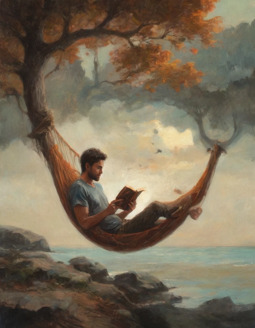 Hyperreal digital art style, "Fairytale", fantasy world coming out of centered book, open book, hyperdetailed double exposure fantasy illustration, masterpiece, cinematic, by Andreas Lie, Luke Gram, photorealism, backlit, gorgeous light, a man resting in a hammock reading a book
