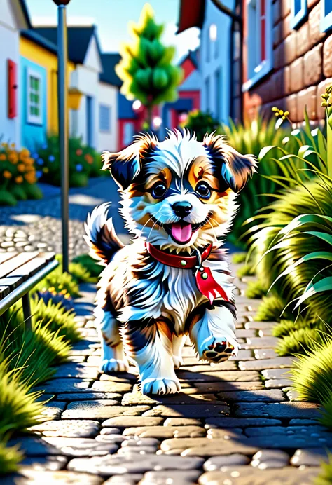 a jolly furry puppy taking a walk, make it realistic